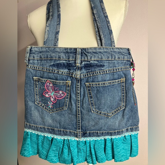 Handmade Upcycled Denim Shoulder Bag/Tote, Boho, Hippie Style, Embroidered - Picture 3 of 5